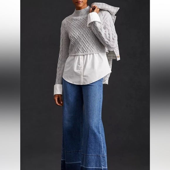 Anthropologie Sweaters - Anthropologie Maeve Cable Knit Layered Buttoned Soft Grey Sweater Size Medium